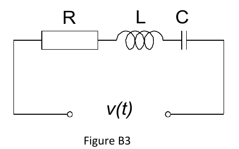 Figure B3: series R, L, C equivalent circuit of the quartz crystal, driven by v(t).