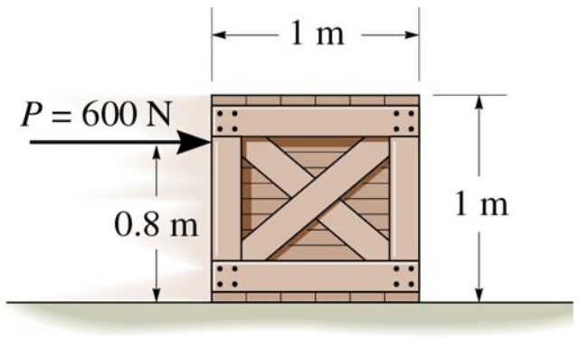 1 m by 1 m crate on a rough floor; horizontal force P = 600 N applied to the left face 0.8 m above the floor.