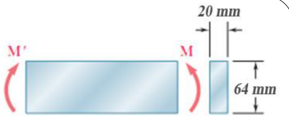 Bar loaded by equal and opposite end couples M and M' in its vertical plane of symmetry; cross section 20 mm wide by 64 mm deep.